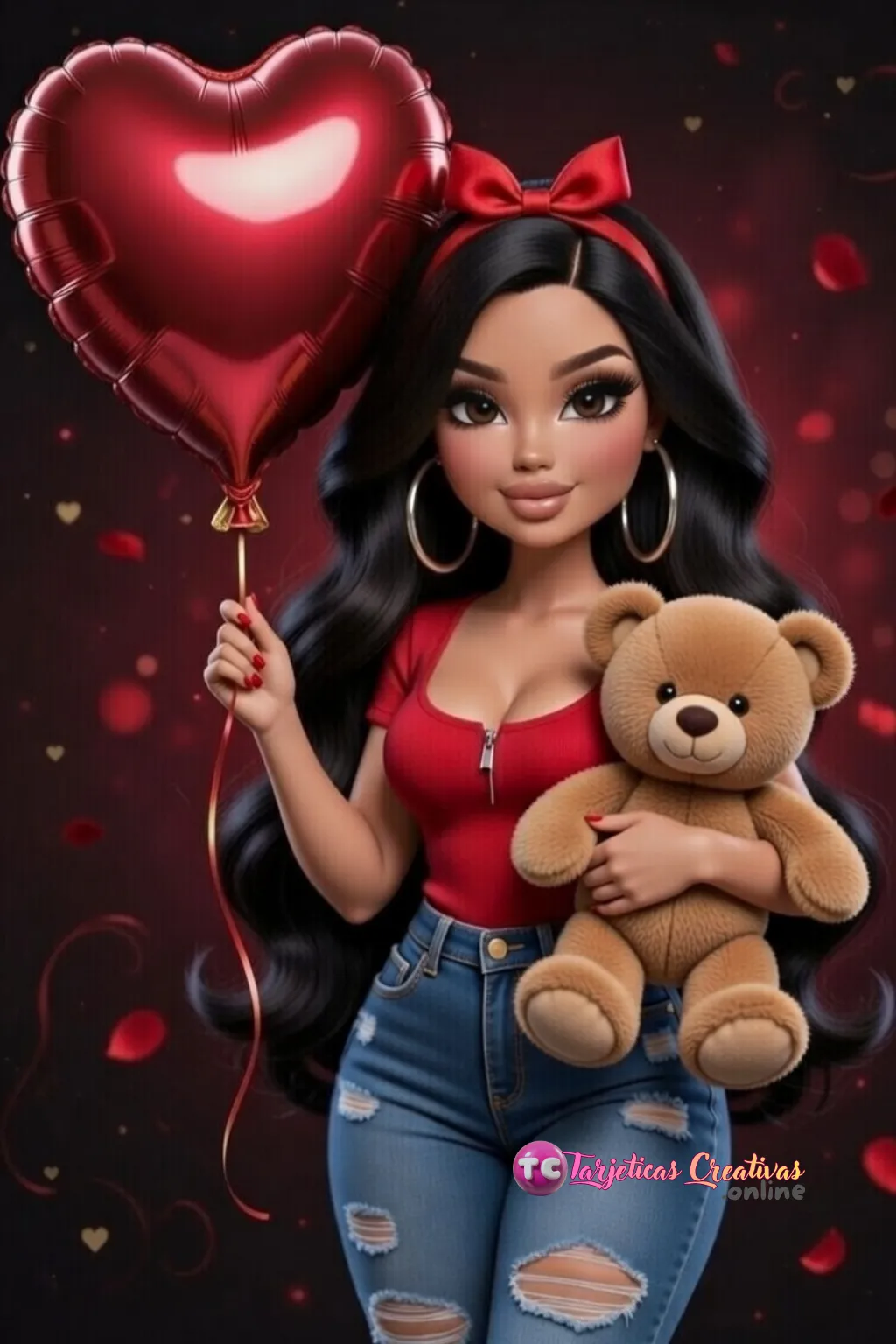 Mujer en el día de San Valentin con globo de corazón y osito de peluche